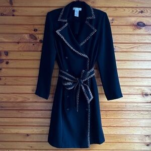 Vintage Dressbarn Belted Blazer Dress Black Leopard Trim Coat Dress 12
